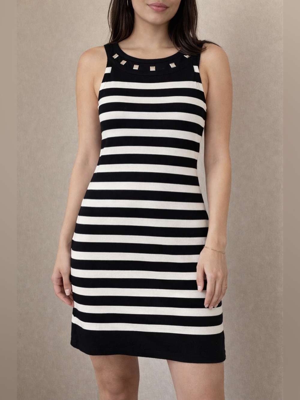 White House Black Market Black & White Striped Studded Neck Dress XS